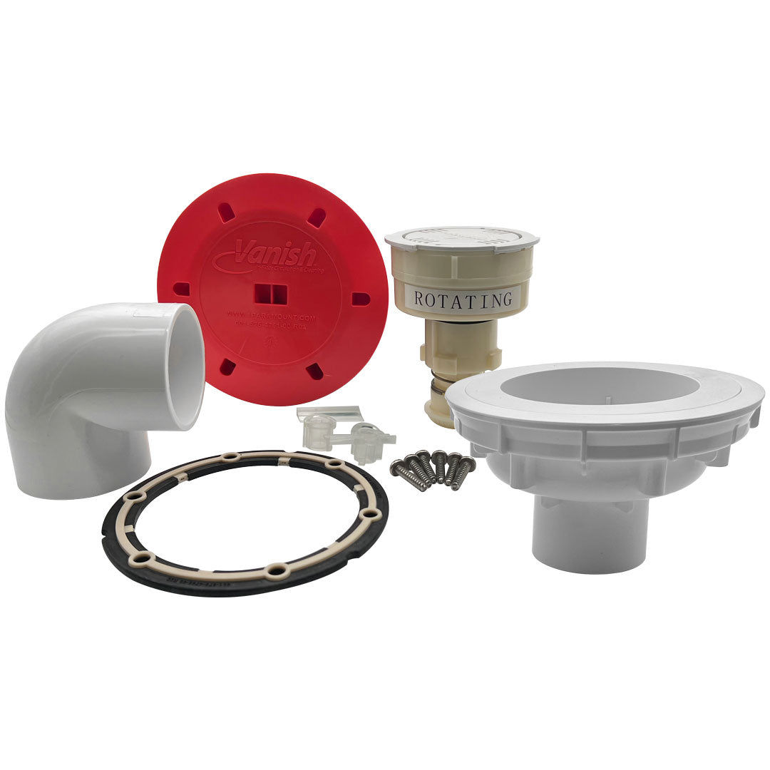 Vanish single head kit with white drain body, red cover, rotating head, elbow fitting, gasket, clamp ring, and screws on white background