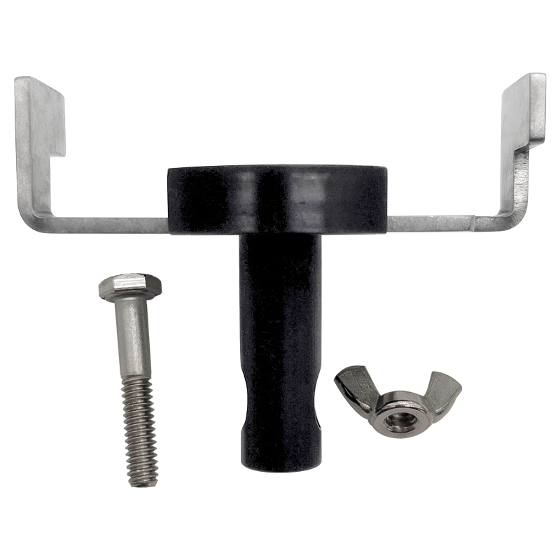 Stainless removal and install tool with black handle, metal arms, bolt, and wing nut