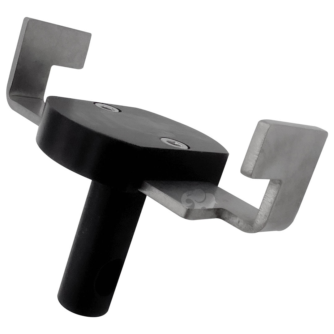 Stainless removal and install tool with black handle and two angled metal jaws