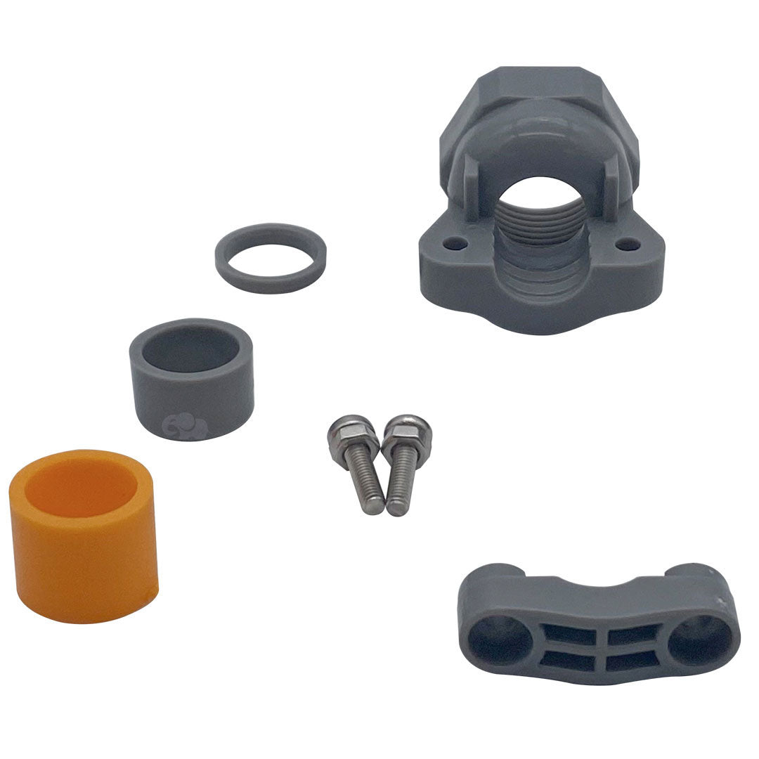Blue Square Vivid 360 pool/spa retro plug kit components with gray and orange fittings, O-ring, and screws