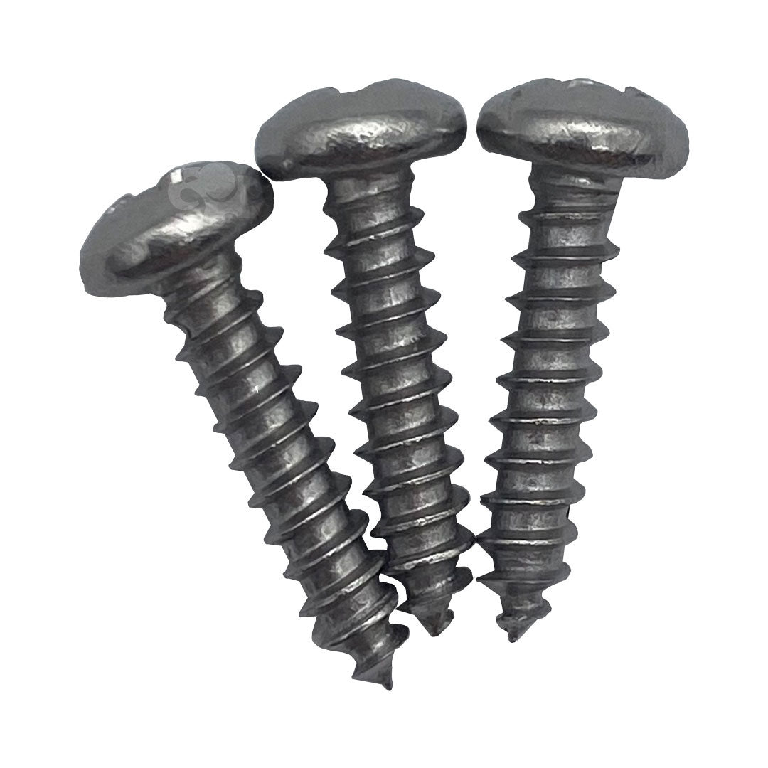 Three black metal screws for pool/spa retro plug kit on white background