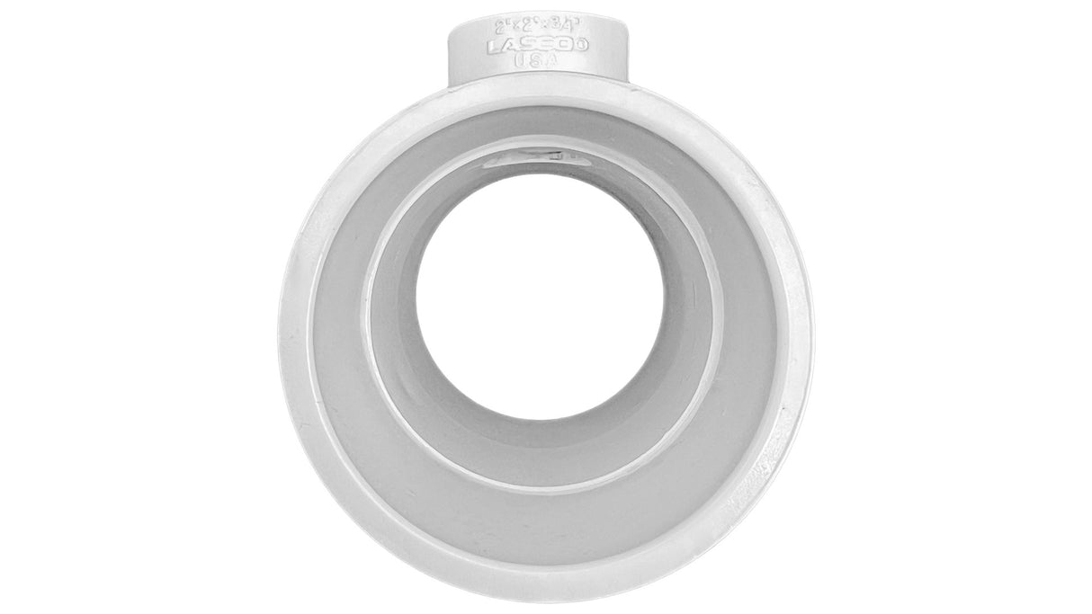 White PVC Schedule 40 reducing tee fitting, slip x female thread x slip, 2 x 2 x 3/4 inch