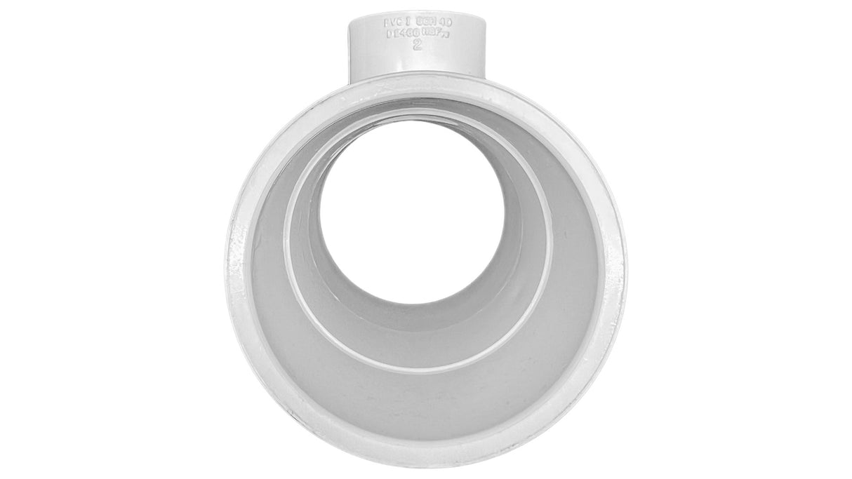 White PVC Schedule 40 reducing tee with 2-inch slip ends and 3/4-inch female threaded branch