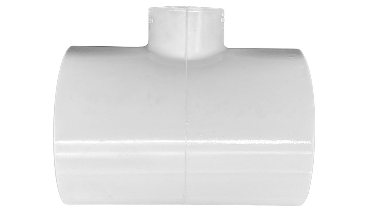 White PVC reducing tee fitting with 2-inch slip ends and 3/4-inch female threaded branch