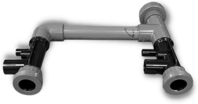 Pentair outlet plumbing assembly with gray PVC pipe, elbow fittings, and dual black valve ports