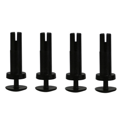 Four black pin and anchor assembly replacement parts on white background