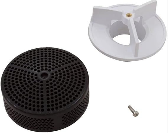 Black equalizer suction grate with white mounting base and screw