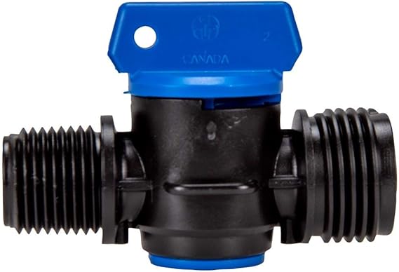 Black plastic inline valve with blue handle and threaded ends on a white background