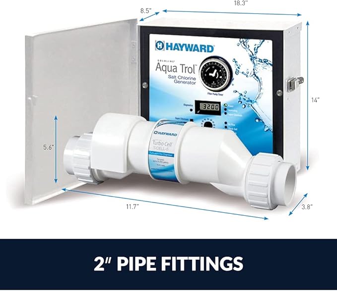 Hayward AquaTrol salt chlorine generator with control unit and 2-inch pipe fittings, shown with dimensions.