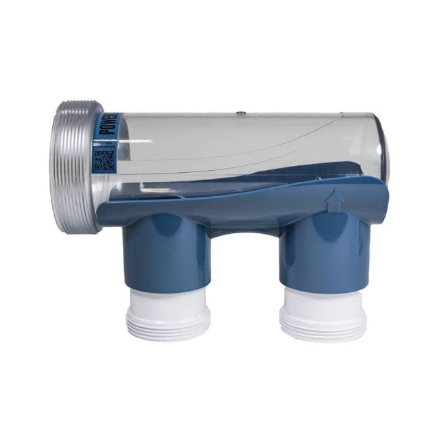 CMP PowerClean Ultra salt cell housing with clear cylindrical body and two threaded blue PVC fittings