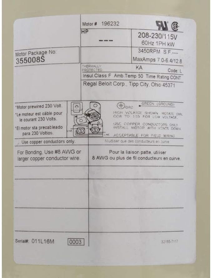 Pentair 1/2-3/4 HP, 1SP, WFE-2, 3 & 24 Replacement Motor || 355008S