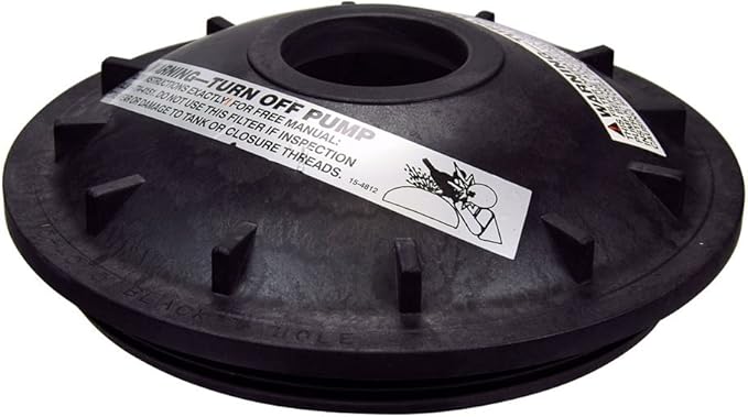 Black Pentair Triton C sand filter lid closure with warning label and buttress threads.