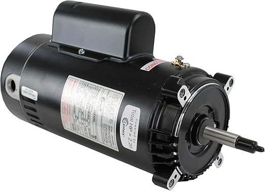 Century 2 HP ODP threaded pool filter motor, 115/208-230V, black cylindrical housing with shaft end view.