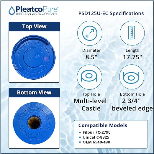 Pleatco PSD125U-EC spa filter cartridge specifications showing top and bottom views, dimensions, and compatible models.