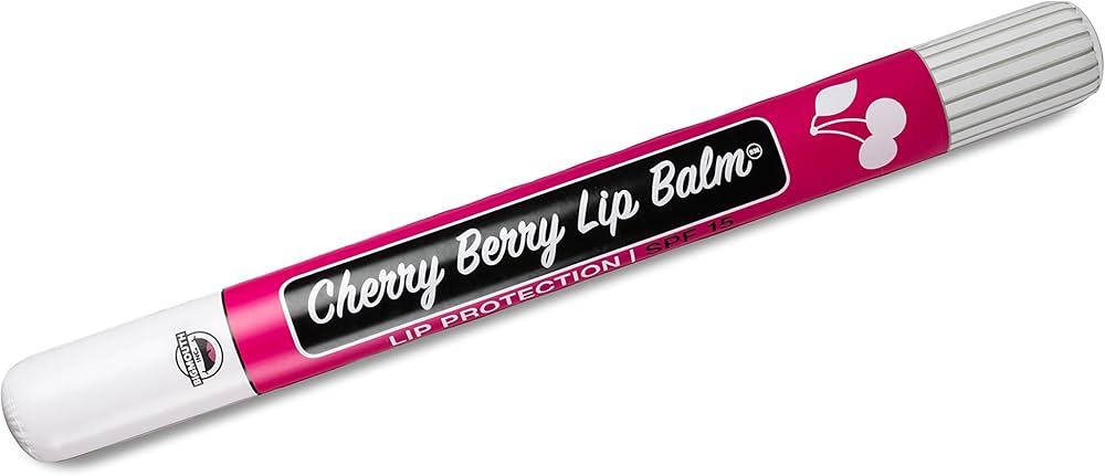 Cherry Berry Lip Balm inflatable pool noodle with pink and white lip balm tube design.