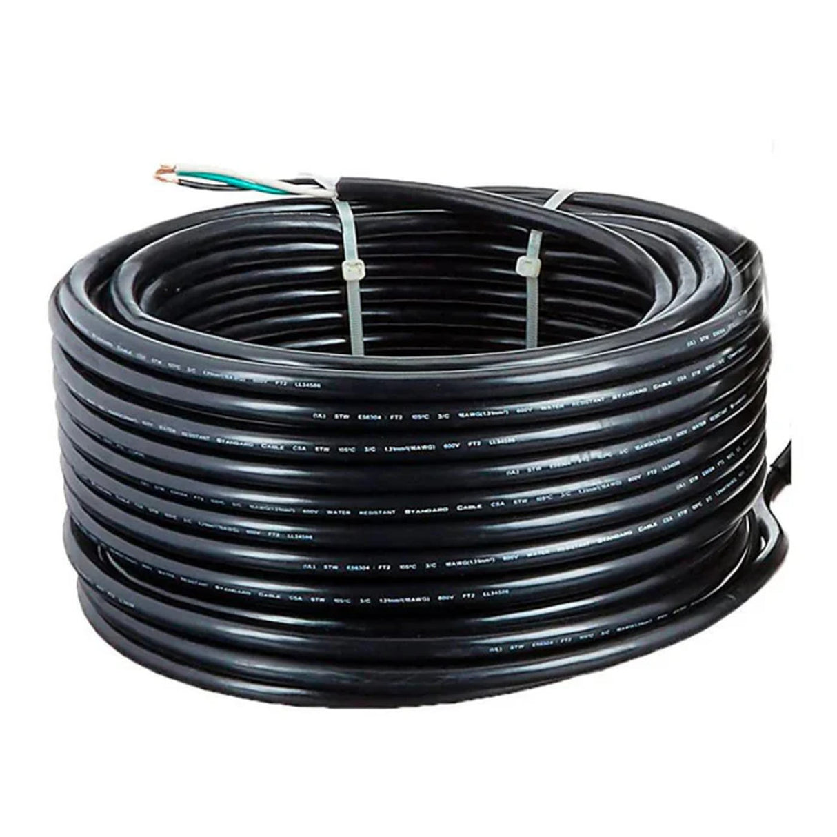 Coiled black 18 AWG spa light cord kit with stripped wire ends
