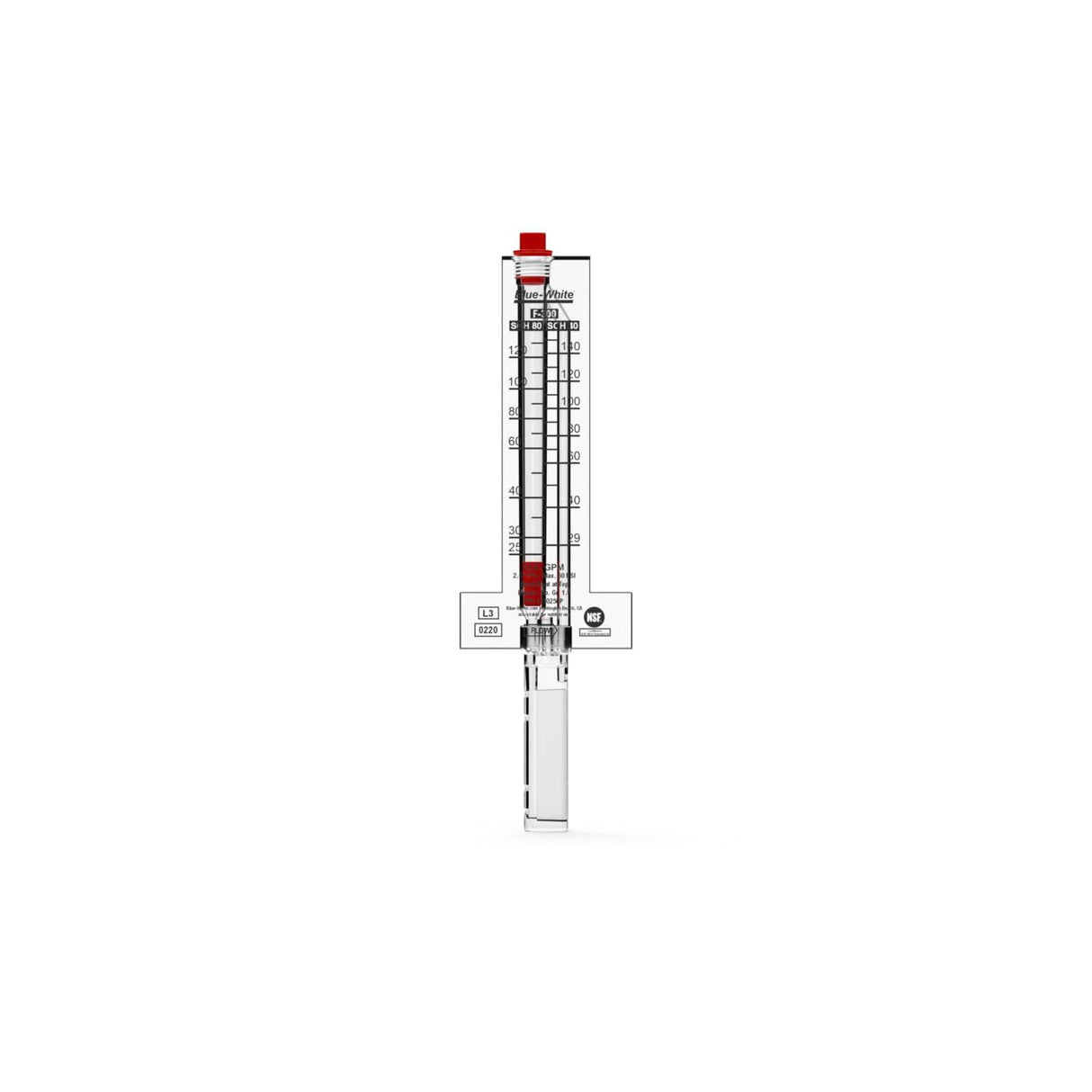 Blue-White F-30250P 2.5-inch PVC horizontal flowmeter with clear vertical flow tube and red adjustment knob.