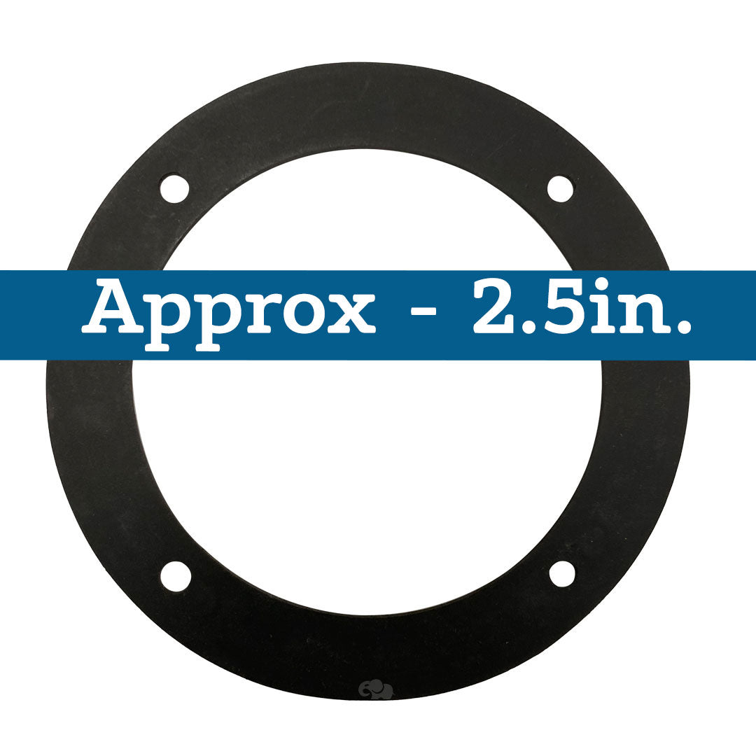 Black circular cover gasket with four bolt holes, approx. 2.5 in. diameter