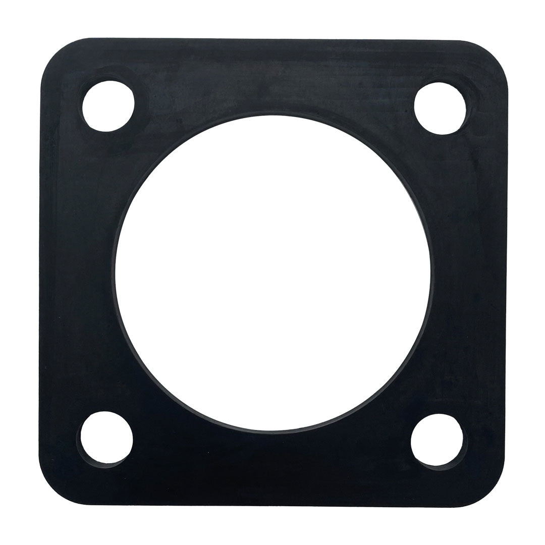 Black rubber pump gasket with a large center opening and four bolt holes.