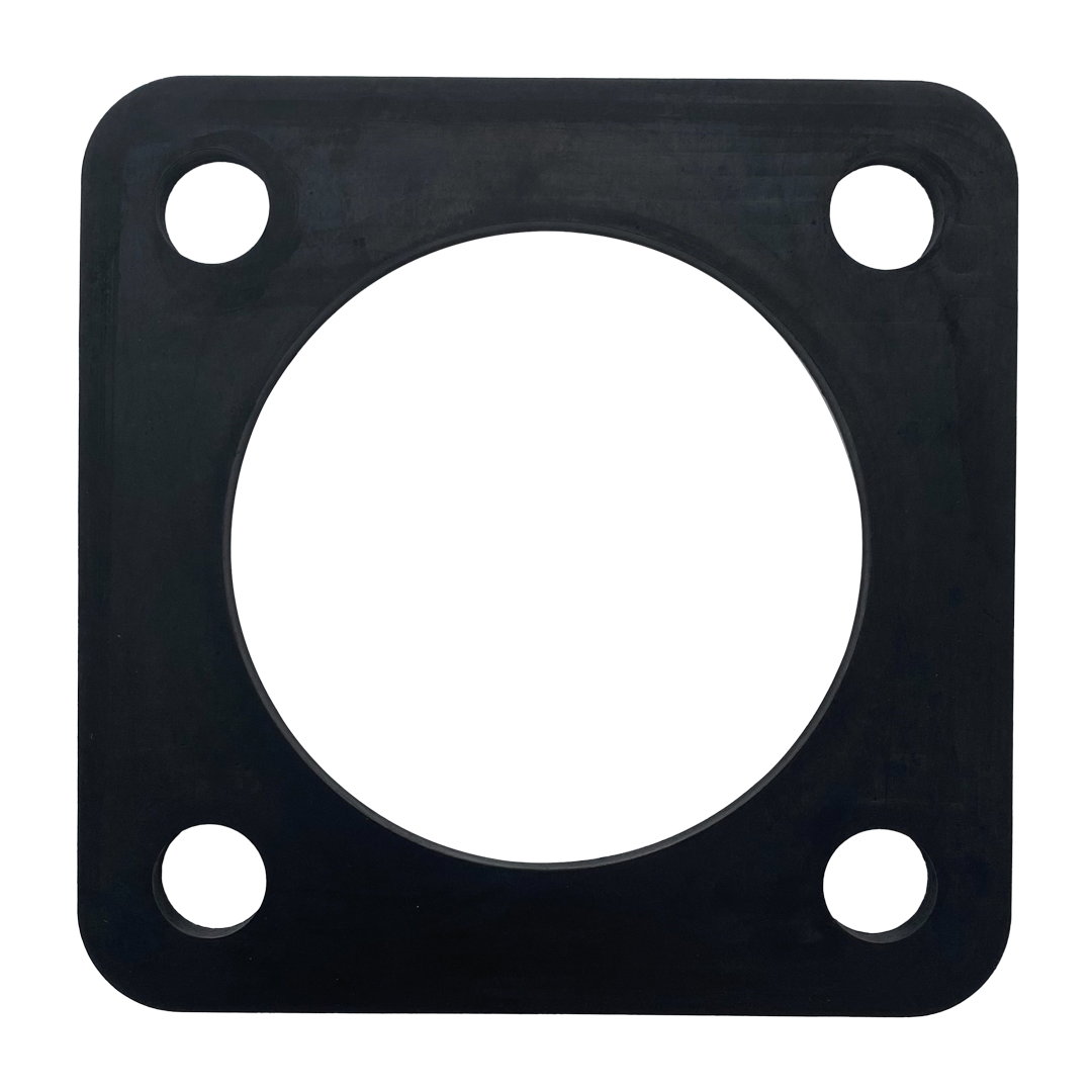 Black rubber pump gasket with square shape, large center opening, and four bolt holes