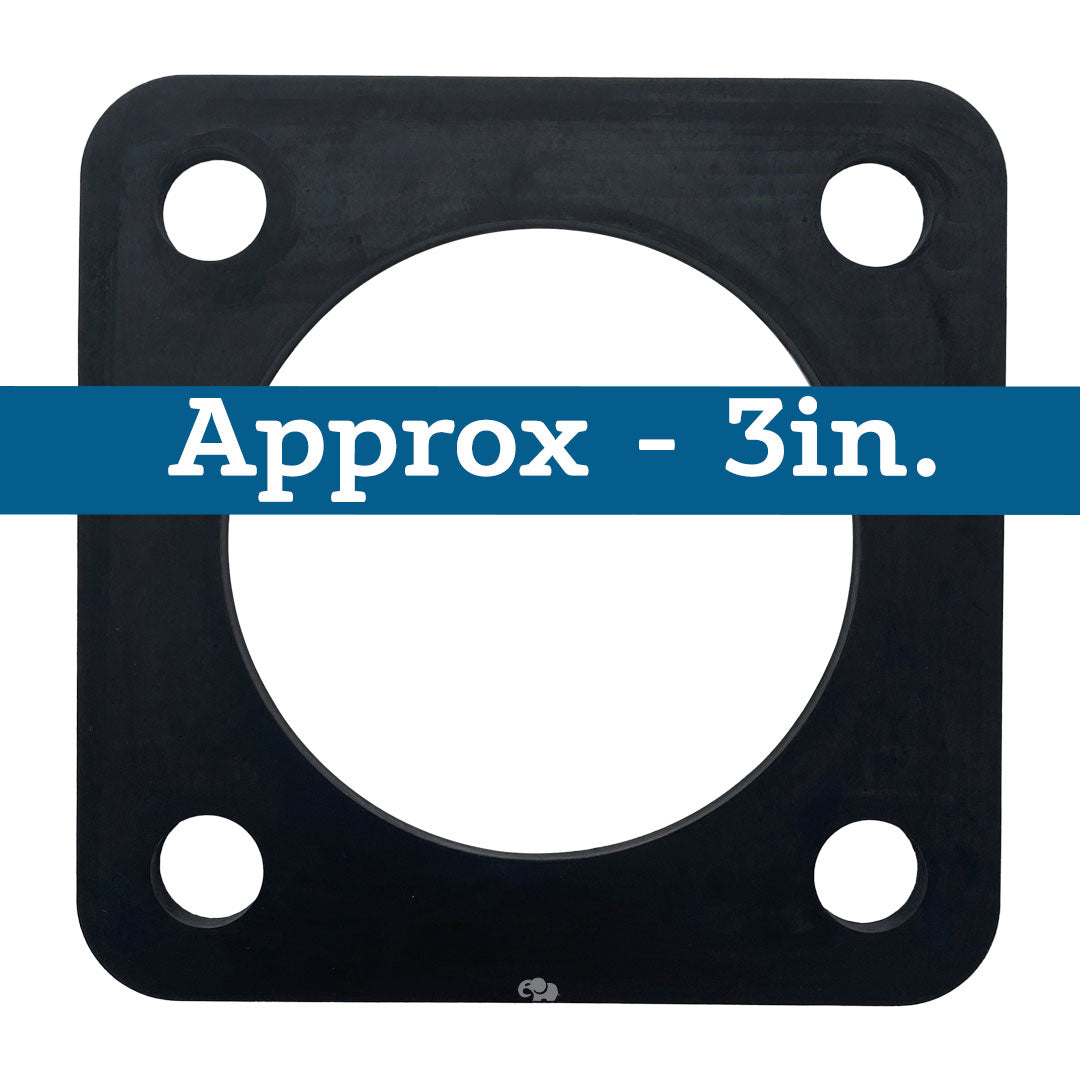 Black rubber pump gasket with four bolt holes and large center opening, approximately 3 inches wide