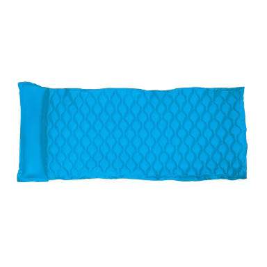 Blue inflatable pool mattress with textured surface and pillow end