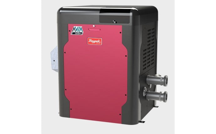 Raypak Avia R404A natural gas pool and spa heater with red front panel and side plumbing connections.