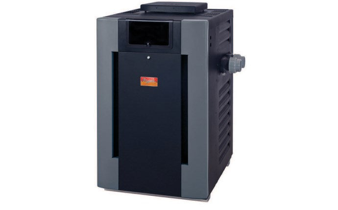 Raypak propane pool heater with black and gray cabinet, front view on a white background.