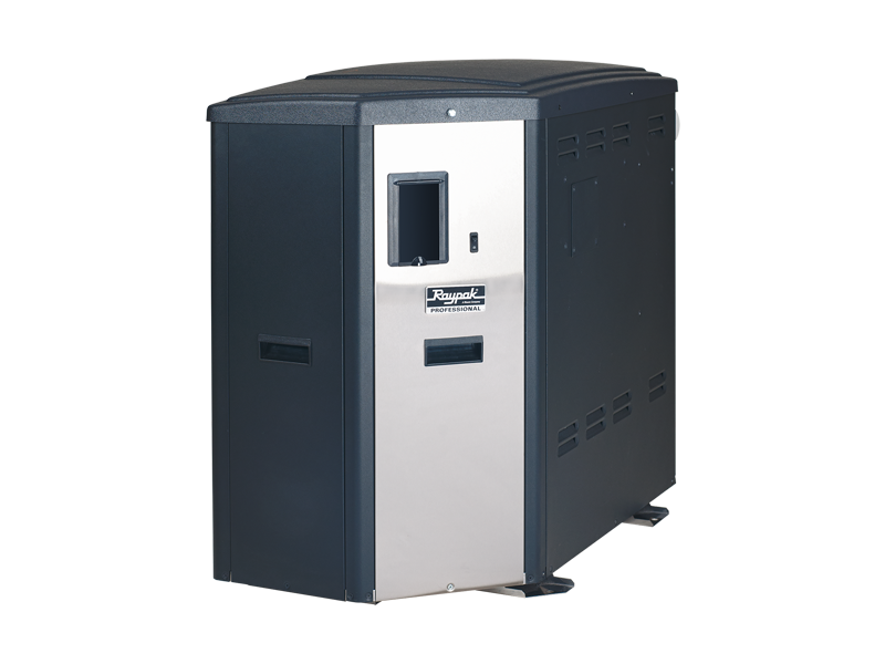 Raypak X94 condensing natural gas pool heater in black and stainless steel cabinet.