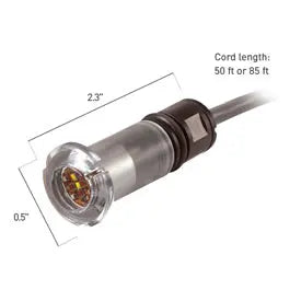 Hayward ColorLogic 80 high-lumen LED pool light with cord attached, shown with dimensions.