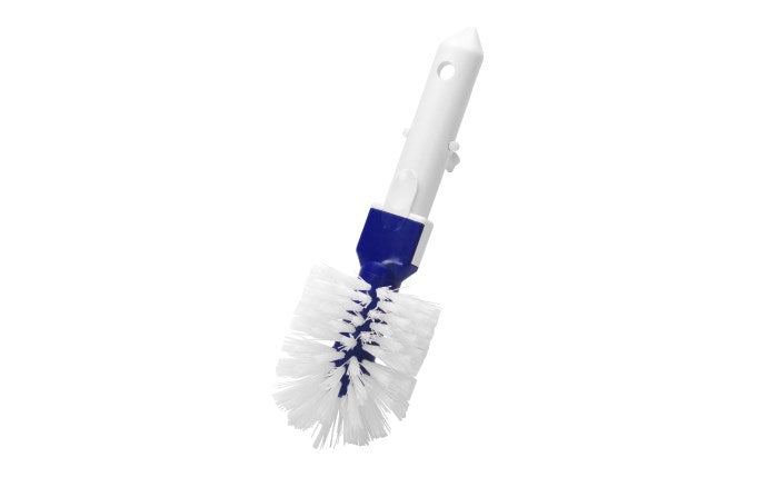 Pool brush with round corner head and white poly bristles, blue and white handle, 18-inch cleaning head