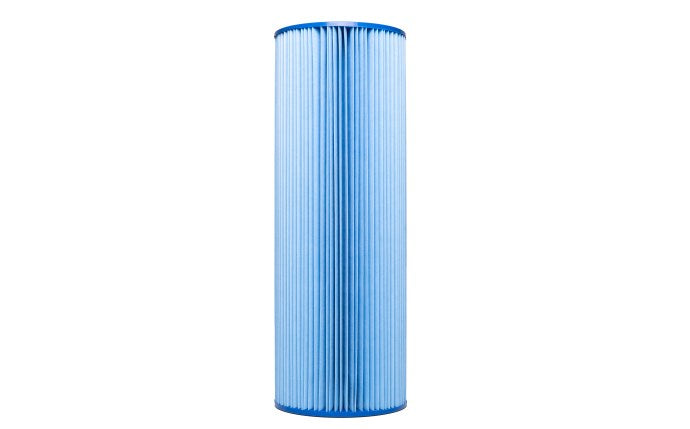Blue pleated cylindrical pool filter cartridge on a white background.