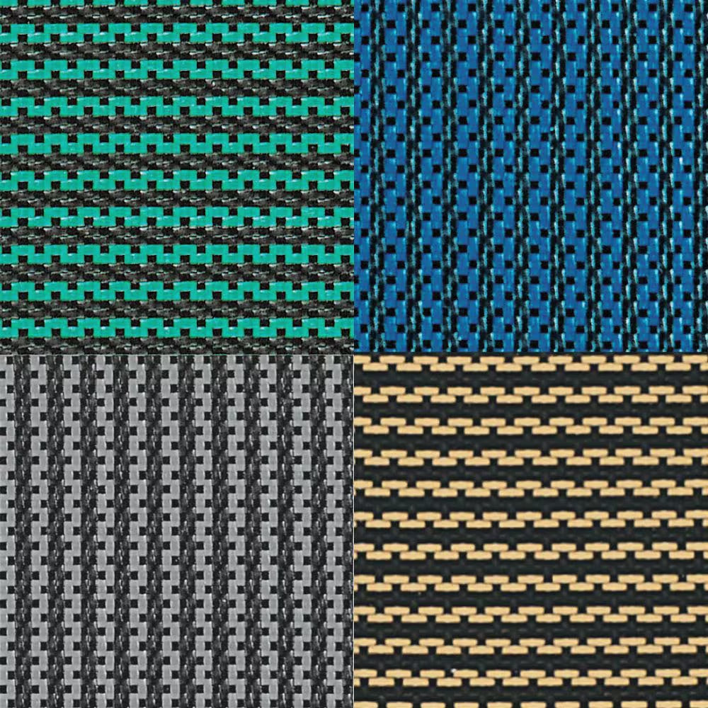 Close-up of four blue, teal, gray, and tan textured pool liner pattern swatches in a grid