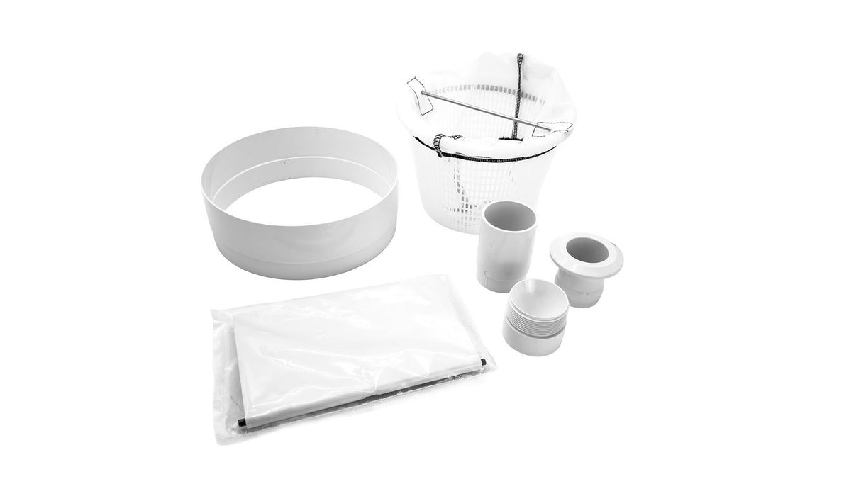 White QuikSkim complete pool skimmer kit with ring lid, skimmer basket, fittings, and Protecta foam cover