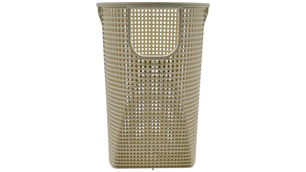 Replacement Pentair skimmer and pump strainer basket, beige plastic with handle notch.