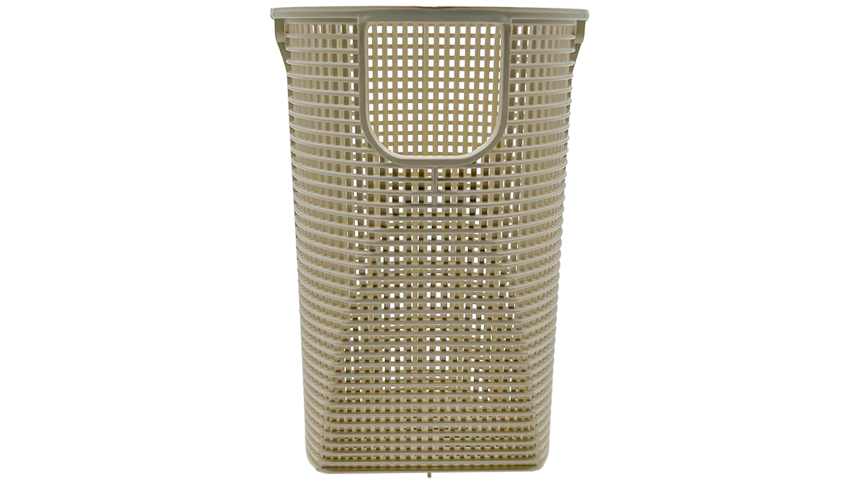 Beige plastic pool skimmer and pump strainer basket with handle tab