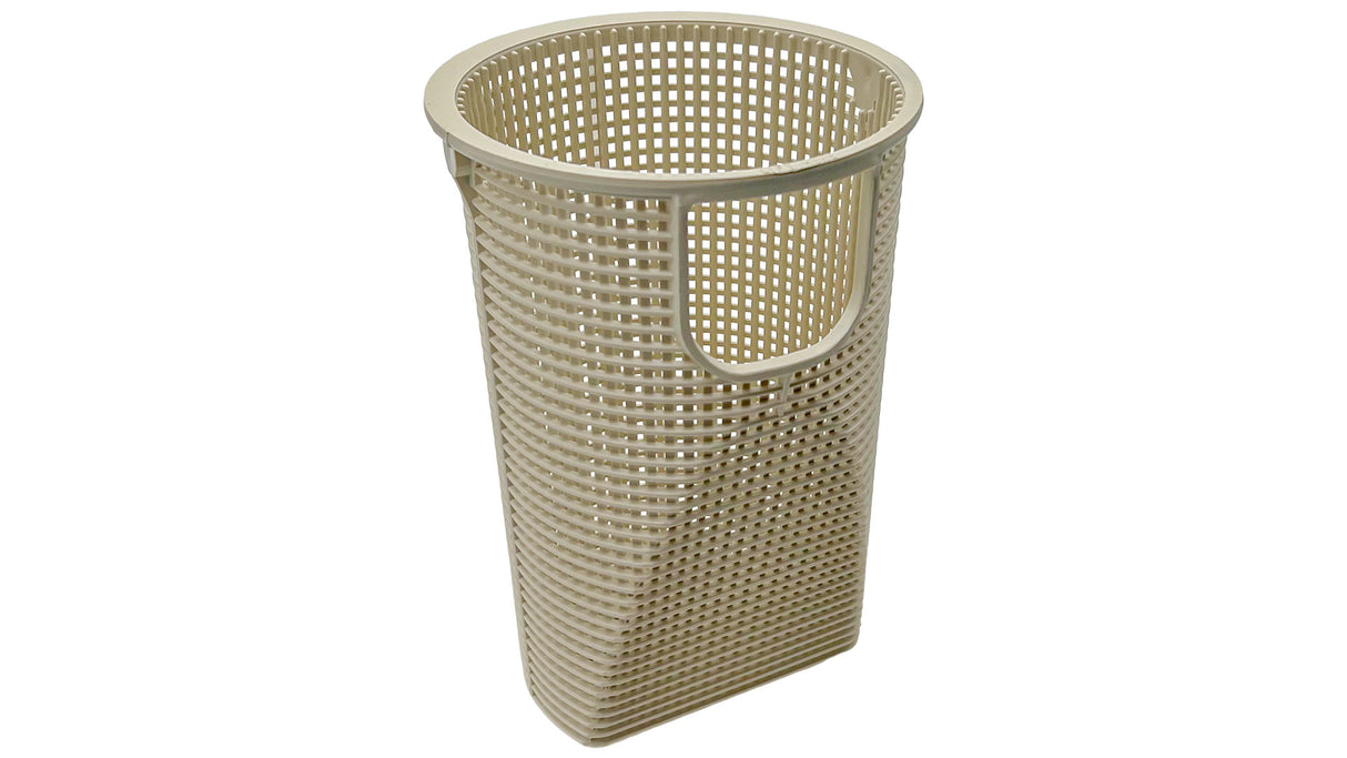Beige perforated pool skimmer and pump strainer basket with handle cutout