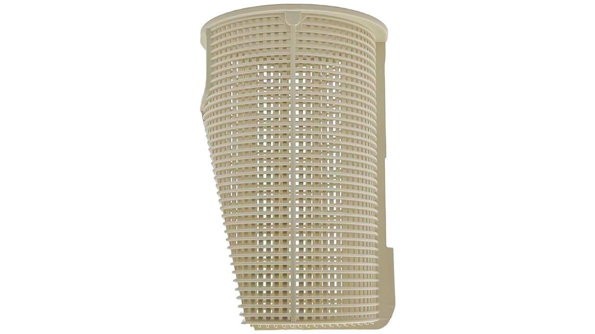 Beige replacement pool skimmer pump strainer basket with slotted sides and handle tabs