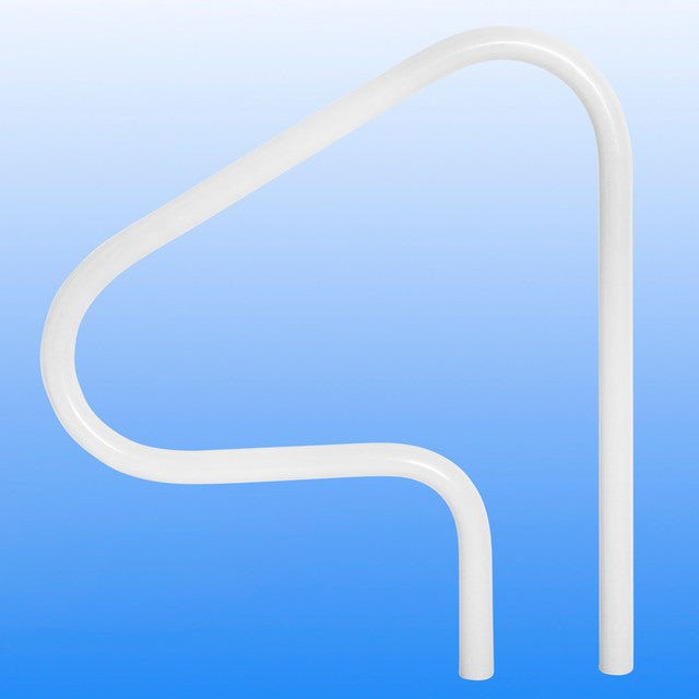 White 3-bend return-to-deck handrail with rounded rectangular shape on a blue background.