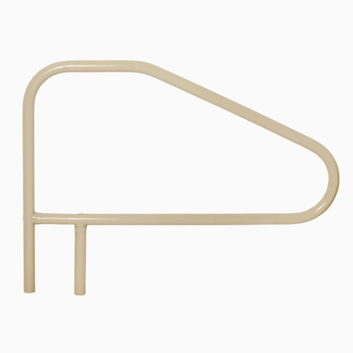 Beige cross-braced 4-bend handrail with rounded end and vertical support posts