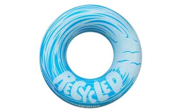 Blue recycled ring float with ocean wave design and “Recycled” text