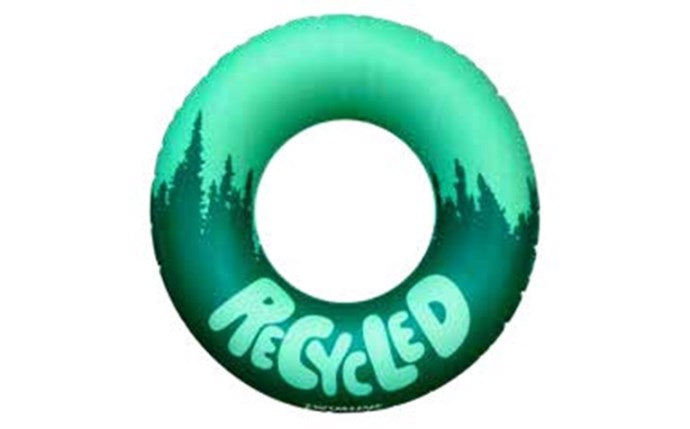 Green recycled material ring float with forest silhouette design and “Recycled” text