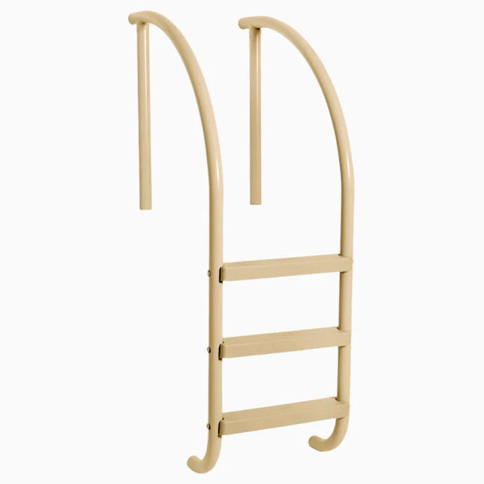 Beige 3-step inground pool ladder with curved handrails.