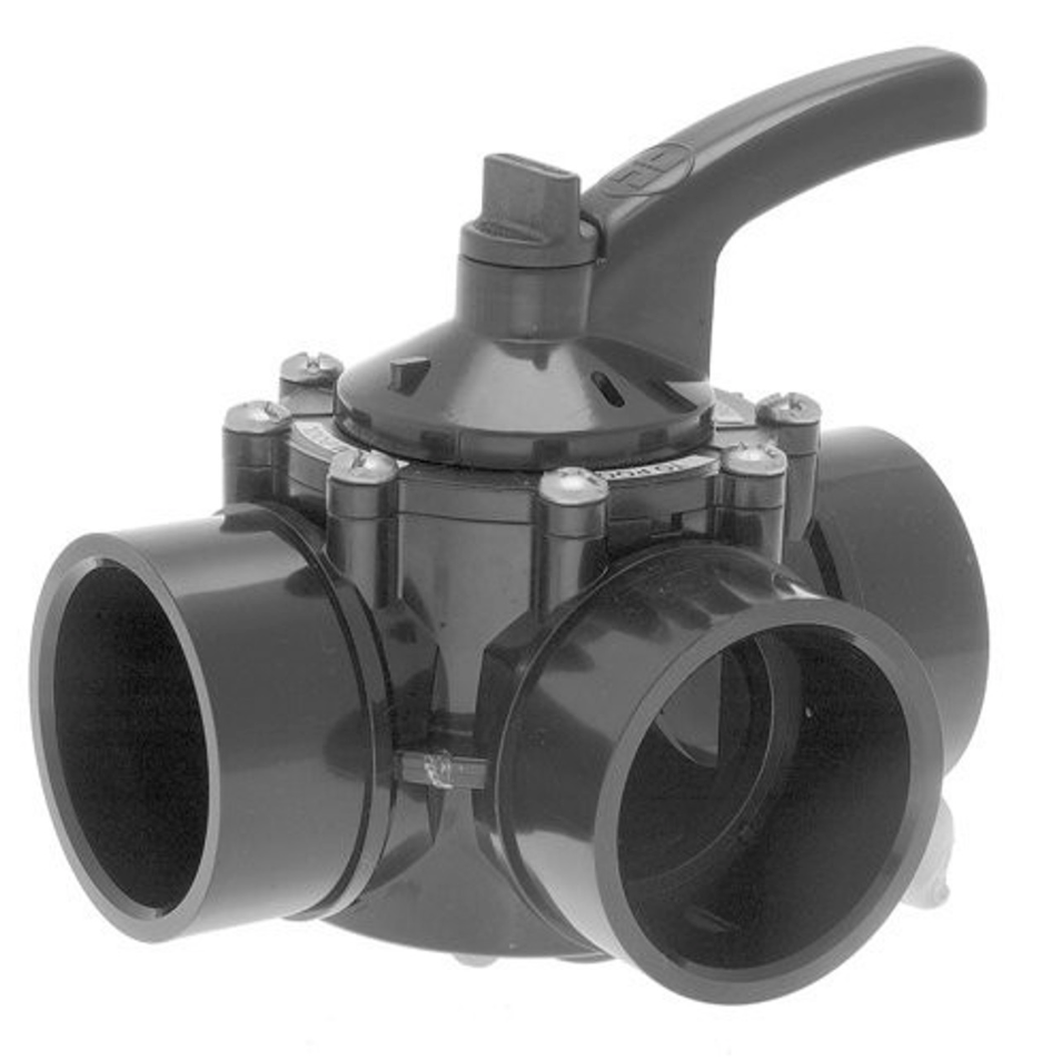 PVC three-port diverter valve with handle and large socket connections.