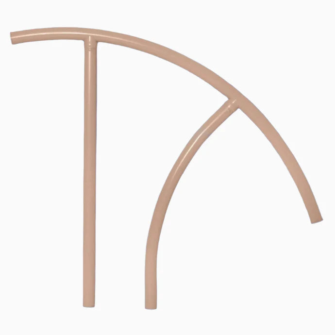 Taupe Saftron Triton Series return-to-deck handrail with curved support leg.