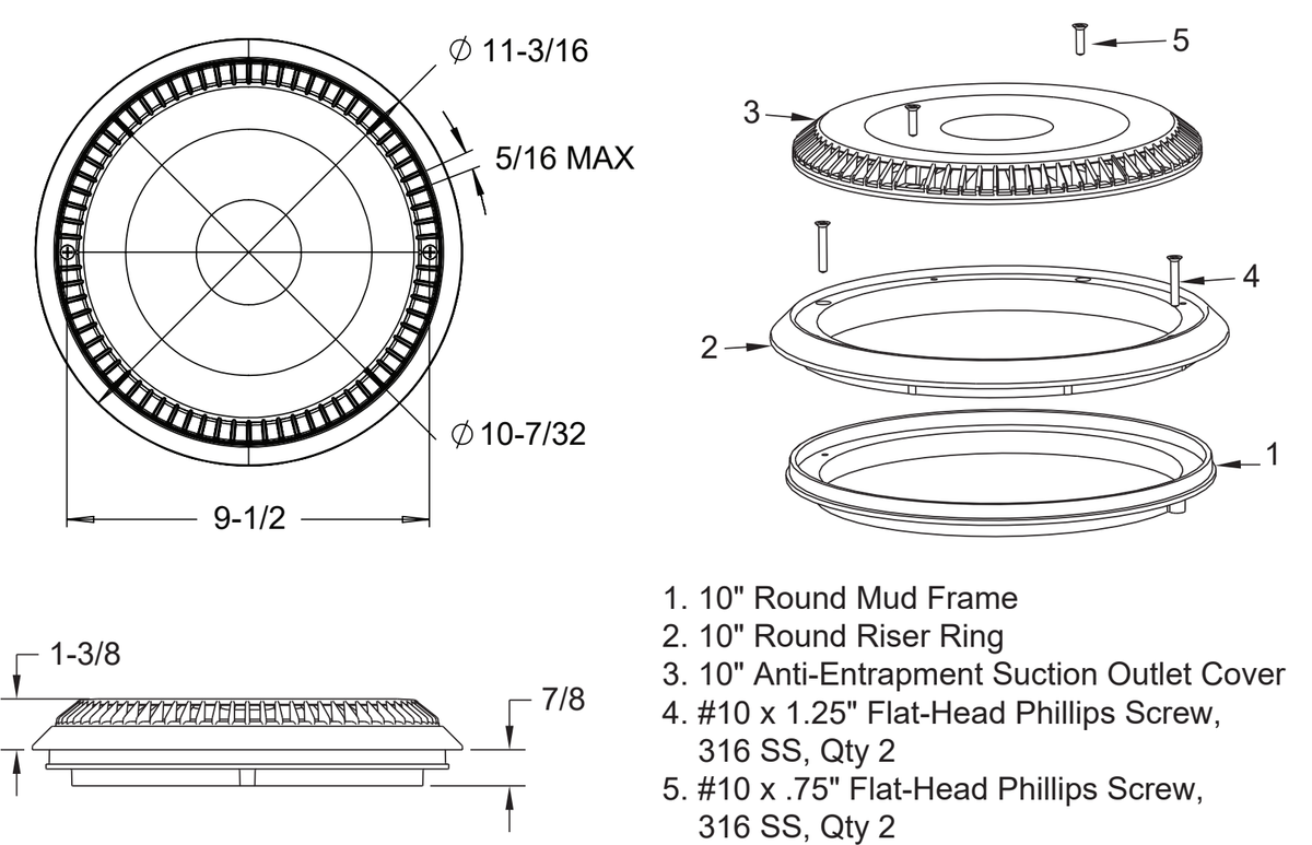 AquaStar 10AVR101 flat-grate cover, solid riser and solid riser and mud frame specification drawing with dimensions, included components and both screw lengths; finish color not shown