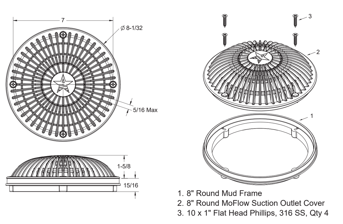 AquaStar 8MF cover and mud frame specification diagram with 7-inch mounting centers and included four #10 × 1-inch stainless steel screws; finish not shown