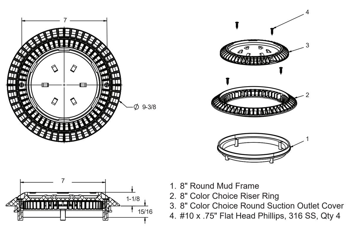 AquaStar CC8103 Color Choice cover, riser ring, mud frame and four screws; 9⅜-inch outer diameter and 7-inch mounting centers; finish not shown