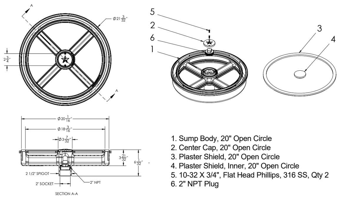 AquaStar OCD Open Circle dimension and parts diagram with center cap, two screws, finishing shields and 2-inch NPT plug; finish color not shown