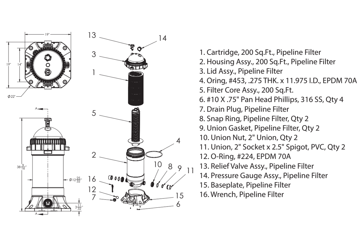 AquaStar selected PLF27000 catalog Pure Pleat component/dimension reference; current OnCore revision differences stated in listing